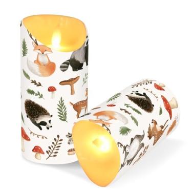 Imagem de ATTX Pacote com 2 velas fofas sem chama de animais da floresta – Velas LED de 7,6 cm x 15 cm com controle remoto e temporizador para casa, casamento, decoração de acampamento #108