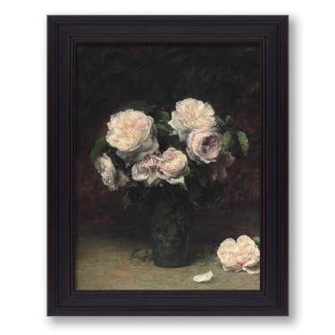 Imagem de Pôster de pintura a óleo Moody Dark Roses Vintage Floral Canvas Wall Art French Country Plant Flower Prints para cozinha quarto banheiro decoração de parede 20 x 25 cm vintage emoldurado
