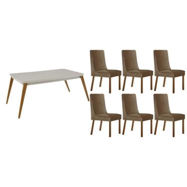 Imagem de Sala Jantar Mesa Havana Tampo c/ Vidro Curvo 180cm+6 Cadeiras Dakota Madeira Naturale/Off White - Capuccino/Suede Capuccino - Rufato