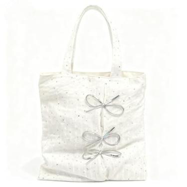 Imagem de Bolsa de ombro feminina de lona de grande capacidade com laço macio elegante bolsa diária, Branco