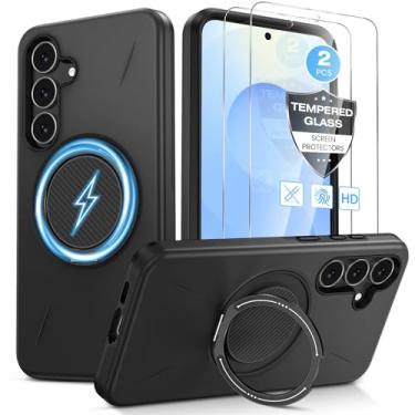 Imagem de Capa para Samsung Galaxy S25 FE com [2 unidades] protetor de tela de vidro temperado e anel de suporte de 360° [compatível com MagSafe], capa resistente à prova de choque para celular Galaxy S25FE de