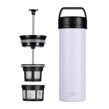 Imagem de ESPRO Prensa francesa ultraleve P0 – Máquina de café e chá isolada a vácuo de parede dupla, prensa de café portátil e durável para viagens, acampamento e uso diário – 473 g, (glicínia)