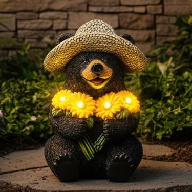 Imagem de JJALIGHTS Urso preto movido a energia solar, adorável urso de resina com girassóis e chapéu de palha, presentes perfeitos para o dia das mães e decoração exclusiva de jardim e varanda
