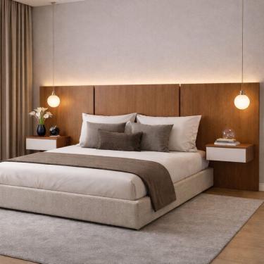 Imagem de Cabeceira Casal com Led e 2 Mesas de Cabeceira Lumina Box Off White/Freijó