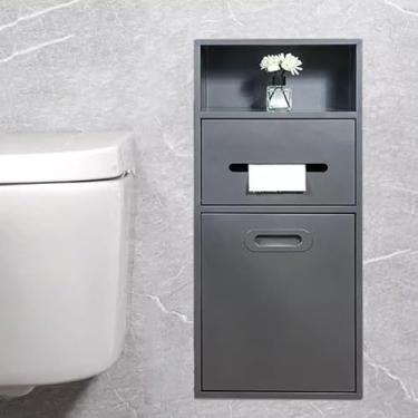 Imagem de Nicho de chuveiro embutido de aço inoxidável com suporte de papel higiênico e balde de lixo, suporte de parede para banheiro, cinza, 30 x 66 x 14 cm
