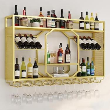 Imagem de Grande rack de vinho de metal montado na parede com suporte de vidro, prateleira flutuante para garrafa de licor, prateleira de bar multifuncional para decoração de casa cozinha sala de estar (ouro