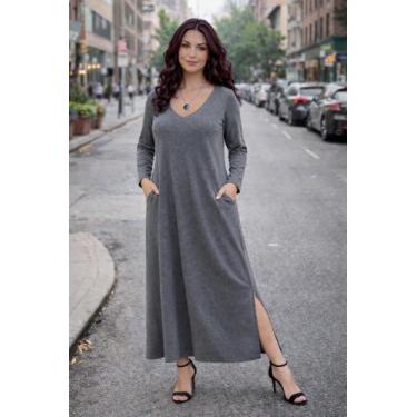 Imagem de Vestido Gola V Manga Longa com Bolso - modanascimento, Cinza, GG