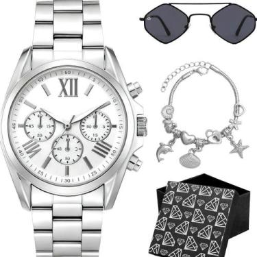 Imagem de Relogio Inox Feminino Prata Oculos + Caixa Pulseira preto presente cas