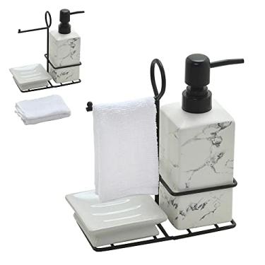 Imagem de Kit 3 Peças Para Banheiro de Cerâmica Branco e Preto com Toalha