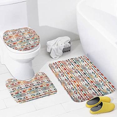 Imagem de Conjunto de tapetes de banheiro 3 peças coloridas tribais étnicas com tapete de banheiro geométrico lavável antiderrapante, tapete de contorno e tampa para banheiro