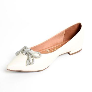Imagem de Sapatilha Vizzano Bico Fino Laço Strass Feminina - Branco Creme