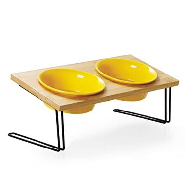 Imagem de SWEEJAR Tigelas elevadas de cerâmica para gatos, tigelas para cães pequenos, tigela elevada inclinada de 15° com suporte de madeira sólida para proteger a coluna, alimentador de água e alimentos para gatos e cães, conjunto de 2 (amarelo)