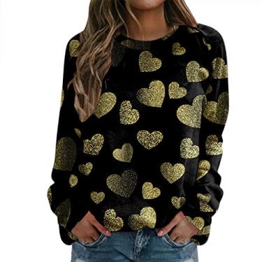 Imagem de Lainuyoah Camiseta feminina de manga longa com estampa de coração 2024, fofo, amor, dia dos namorados, gola redonda, pulôver raglã, B # amarelo, P