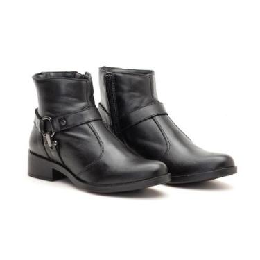 Imagem de Bota Cano Curto Couro Feminino Zíper Moda Tiras Argola Inverno Confort