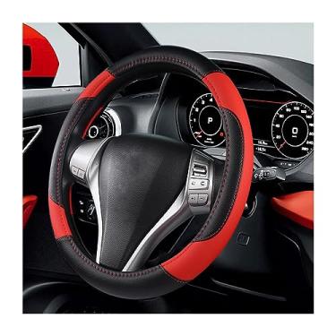 Imagem de BELOMI Capa de volante de carro de couro, universal 38 cm para carro caminhão SUV, antiderrapante e respirável, design de estilo esportivo protetor de volante inodoro, acessórios de interior automotivo (vermelho)