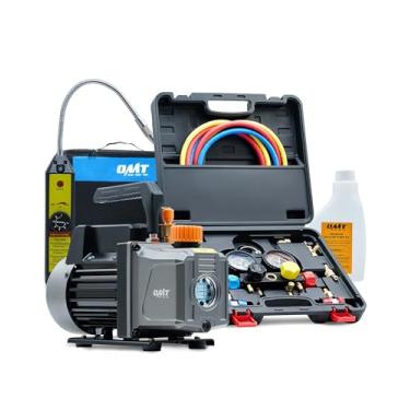 Imagem de Orion Motor Tech Medidores CA de 4 vias e bomba de vácuo, bomba de vácuo 4cfm conjunto de calibre coletor de 4 vias com detector de vazamento para ar condicionado, bomba de vácuo CA e conjunto de medidor para refrigerantes R22, R134a, R410a