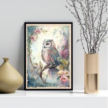 Imagem de Quadro Arte Vintage Coruja 33x24cm - Quadros On-line, Moldura branca