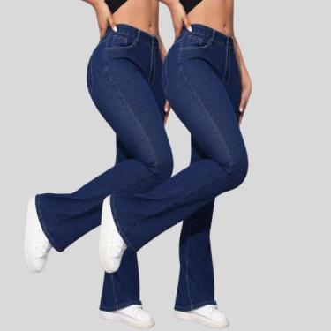Imagem de KIT 2 Calças Flare Jeans Feminina Boca de Sino Cintura Alta Modeladora