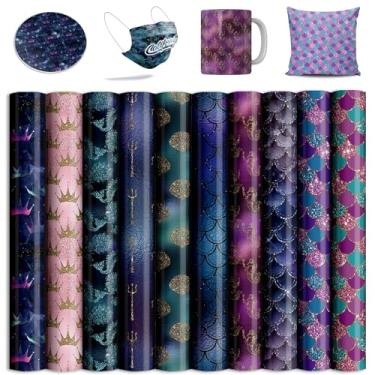 Imagem de Folhas de tinta de transferência de sereia com glitter para máquina de prensa térmica, folhas de tinta de transferência de sublimação para copos e camisetas em branco