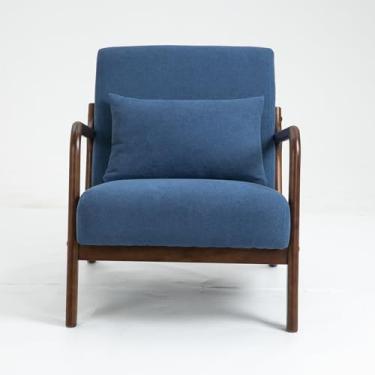 Imagem de SPOFLYINN Cadeira moderna de meados do século com moldura de madeira, poltrona de leitura estofada com encosto de cintura, fácil de montar, para quarto, marquise, sala de estar, azul como mostrado