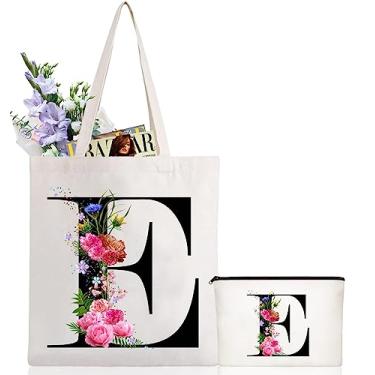 Imagem de Andeiltech Sacola de lona com inicial, estampa floral, bolsa de maquiagem personalizada com monograma, presente para damas de honra, aniversário e casamento, Letra Floral_e, Large