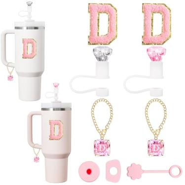 Imagem de XIANGYUAN Capa de canudo para acessórios Stanley Cup, topo de palha de diamante brilhante, pingentes exclusivos de letras de cristal para copos Stanley, adesivo para decorações Stanley, conjunto rosa