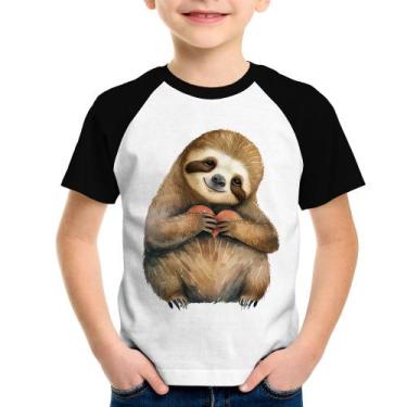 Imagem de Camiseta Raglan Infantil Bicho Preguiça Coração - Foca na Moda, Branco