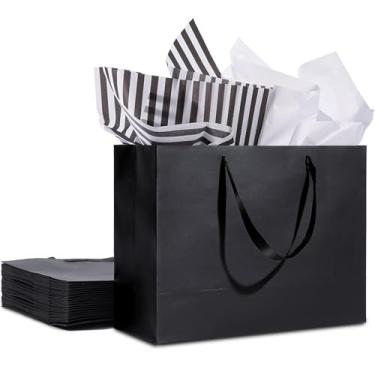 Imagem de Sacos de presente extra grandes pretos de 39,9 cm com papel de seda e alças de fita para compras, pequenas empresas, festa de aniversário, chá de bebê, festa de noiva, casamento, Natal e feriado (pacote com 12)