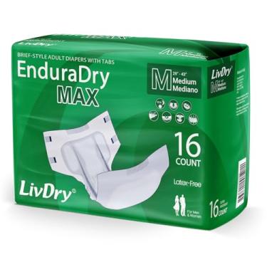 Imagem de LivDry EnduraDry Max Fraldas para adultos com abas, até 12 horas, roupa íntima superabsorvente para incontinência, cuecas com proteção contra vazamento, médio, pacote com 16