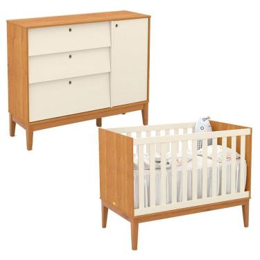 Imagem de Berço Americano e Cômoda Sapateira Unique Freijó Eco Wood em MDF 136cm Off White Matic