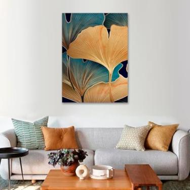 Imagem de Quadro Decorativo Floral Abstrato Contemporâneo Folhas de Ginkgo Biloba Figurativas, Tela em Canvas na Vertical ideal para ambiente de Sala, Quarto e Hall tamanho externo 100x70 cm