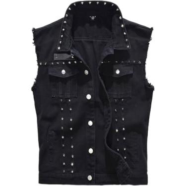 Imagem de Colete Jeans Vintage Para Homens, Colete De Cowboy Com Rebite Punk Rock, Jaqueta Sem Mangas Estilo Motocicleta Para Homens, Black, 5XL