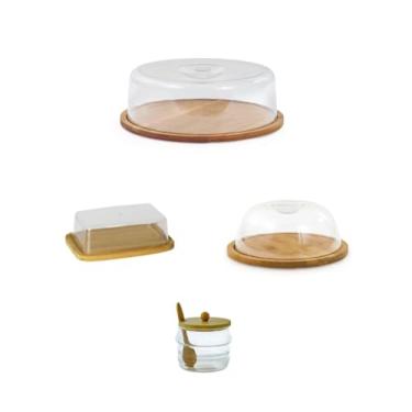 Imagem de Kit Café da Manhã com Boleira, Queijeira, Manteigueira e Açucareiro – Tampa Acrílica e Base de Bambu | Elegância e Organização na Mesa