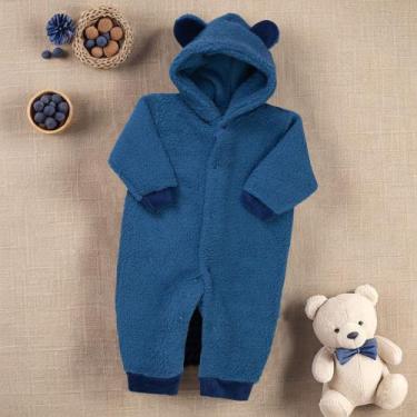 Imagem de Macacão para Bebê de Pelúcia Teddy com Capuz Azul Royal - Era Uma Vez,