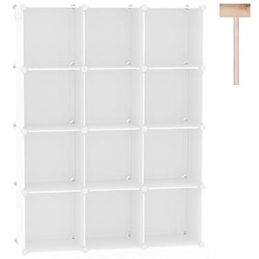 Imagem de C&AHOME Organizador de armazenamento de cubos, unidades de prateleiras de 12 cubos, armário de armário, prateleira de livros modular de plástico DIY, ideal para quarto, sala de estar, escritório, 93 cm C x 31 cm L x 122 cm A Milky UPCS12M