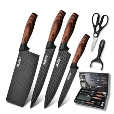 Imagem de Conjunto de Facas de Cozinha Profissional, 6 Peças, Lâminas em Aço com Textura, Cabo em Madeira, com Tesoura e Descascador