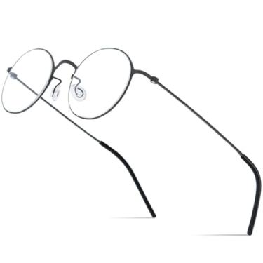 Imagem de VFDHN Armação de óculos de titânio masculina redonda ultraleve (armação preta C5)