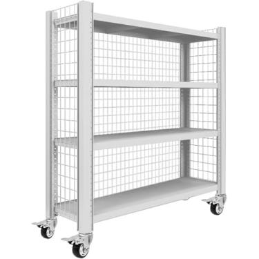 Imagem de Prateleiras De Garagem Ajustáveis De 4 Níveis De Serviço Pesado Com Grade De Arame Rack De Armazenamento Móvel De Metal Para Armazém Industrial Porão & Loja, White, 150x60x150CM