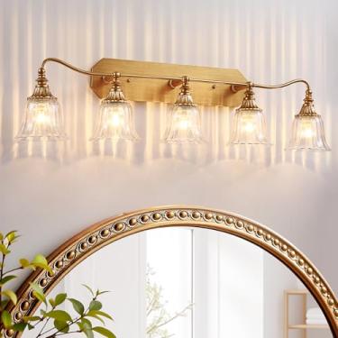 Imagem de Luminária dourada para banheiro com 5 luzes, acabamento em latão antigo fosco com sombra de vidro cristal, luminária vintage dourada para banheiros