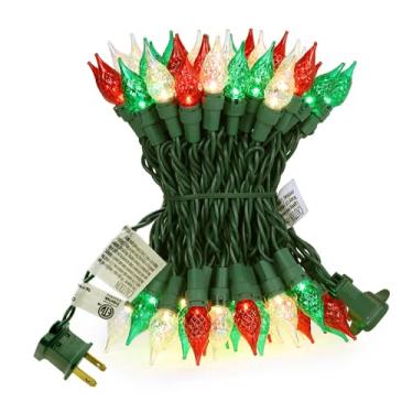 Imagem de Cordão de luzes de Natal vermelho verde e arco-íris C5 lâmpada de vidro 19FT 70 LEDs certificado ETL fio verde interior uso externo decoração de Natal feriado