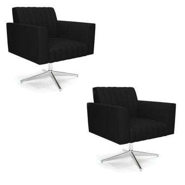 Imagem de Kit 2 Poltronas Giratória Viena Gomada Linho Base Cromada - D'rossi Cor A79 Preto