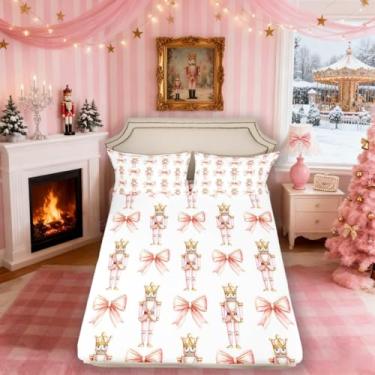 Imagem de Jogo de cama solteiro solteiro com desenho animado quebra-nozes, laço rosa, princesa romântica, decoração de quarto de meninas e mulheres, balé, feliz Natal, gravata borboleta sonhadora, 1 fronha (Sem