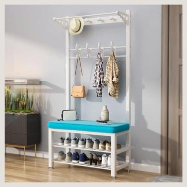 Imagem de Cabideiro Banco de sapato, árvore de salão industrial, prateleira de armazenamento de entrada, móveis de metal com moldura de metal e ganchos para pendurar (cor: branco + azul, tamanho: 60 * 33 * 172
