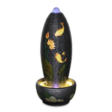 Imagem de Fonte de mesa grande fonte decorativa com padrão de lótus de peixe dourado fonte em forma de ovo cascata para jardim, pátio, deck, decoração de arte de varanda e quintal fonte de água ao ar livre