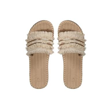 Imagem de Sandálias femininas de bico aberto com franja, sem cadarço, boho, praia, chinelos, Bege, 39
