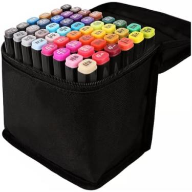 Imagem de Kit 48 Canetas Marcadoras Profissionais Dupla Ponta para Colorir Desenho,Ilustração Arte Escolar Alta Pigmentação, Secagem Rápida, Estojo Portátil - Tampas codificadas por cor