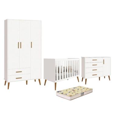 Imagem de Dormitório Infantil Isis Guarda Roupa 3 Portas, Cômoda 1 Porta E Berço Branco Com Colchão D18 - Reller Móveis Branco