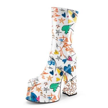 Imagem de Perisis Bota feminina de cano curto com plataforma GoGo, salto alto, redondo, com zíper, de couro, cano médio, para festa rave, Graffiti White Patent, 36