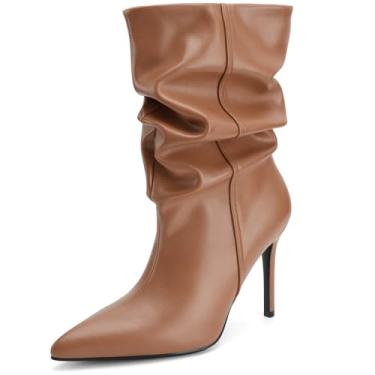 Imagem de Perisis Botas femininas de cano médio despojadas, salto alto, bico fino, botas confortáveis para outono e inverno, Marrom PU, 37