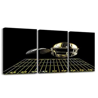 Imagem de Feelyou Arte de parede em tela de 3 peças com tema de rúgbi de impressão 3D para sala de estar, quarto, campo de futebol, arte de parede para decoração de casa, decoração de parede de escritório preto